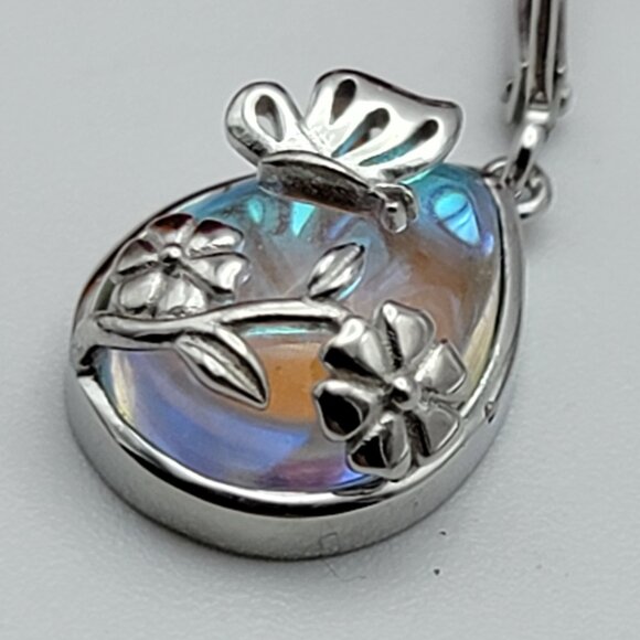 Sterling Silver 925 Butterfly & Flower Adorned Moonstone Dangle Earrings Hinged - Picture 2 of 9